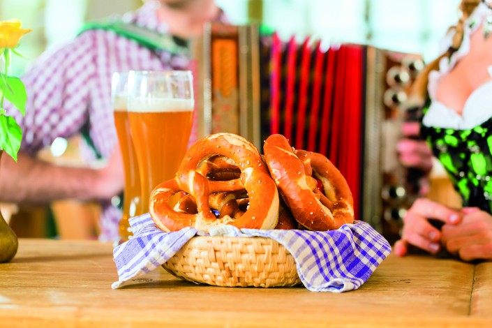 Bavarian restaurant with beer and pretzels