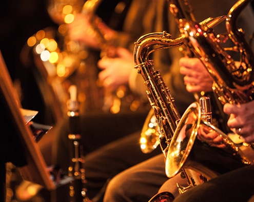 Foto: Aufnahme von Saxofonisten während eines Konzerts.