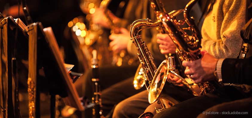 Foto: Aufnahme von Saxofonisten während eines Konzerts.
