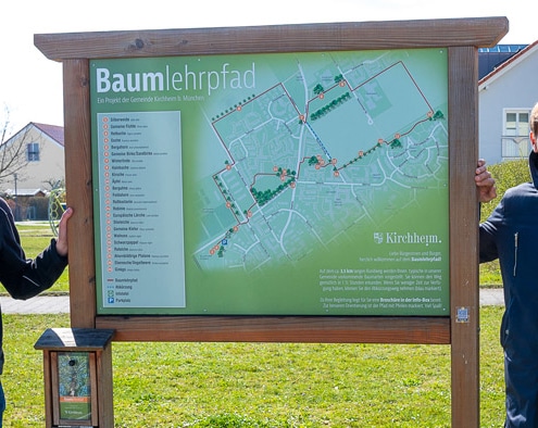 Foto: Erster Bürgermeister Maximilian Böltl und Umweltsamtleiter Robert Maier neben der Infotafel für den Baumlehrpfad.